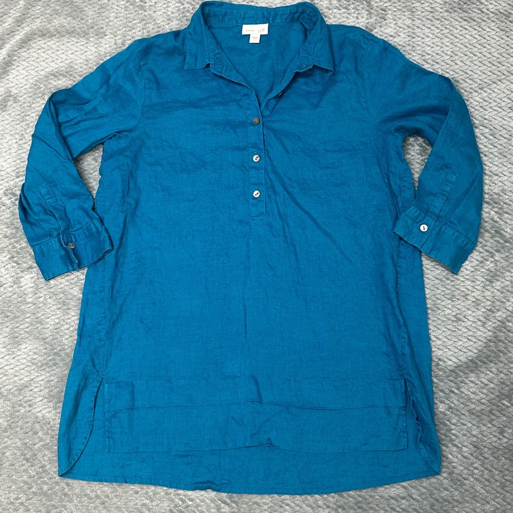 J. Jill Love Linen Teal Blue Button Front Tunic Shirt Womens Small 100% Linen